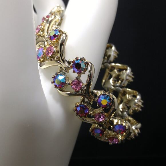 Vintage 1960s Red AB & Pink Rhinestone Bracelet, Gold Tone Links - Picture 1 of 10